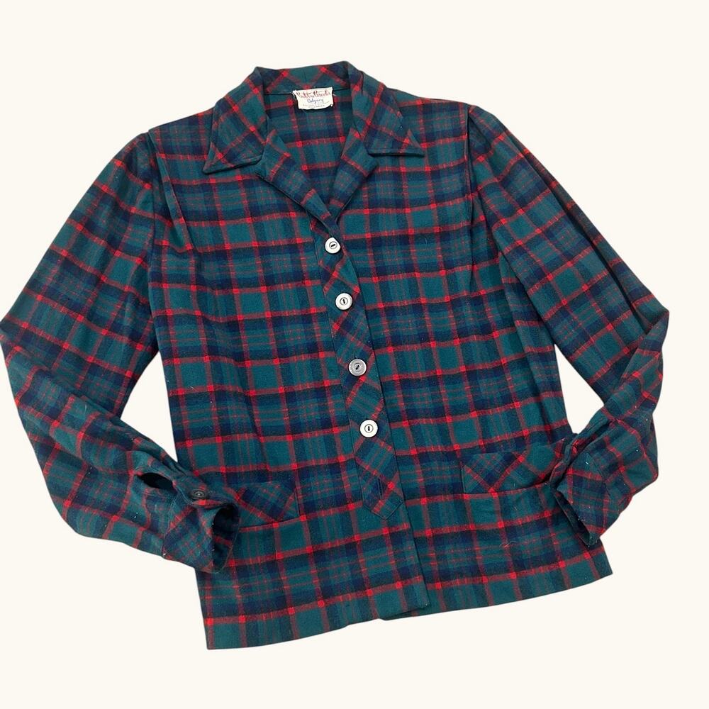 Vintage 1950s Tartan Plaid Wool Shirt Jacket Green Red Tartan Bobbie Brooks SM -